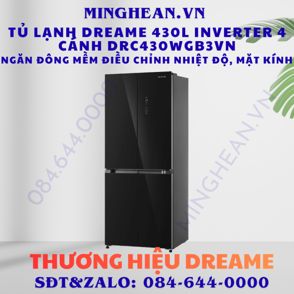Tủ lạnh Dreame 430L inverter 4 cánh DRC430WGB3VN – Ngăn đông mềm điều chỉnh nhiệt độ, mặt kính