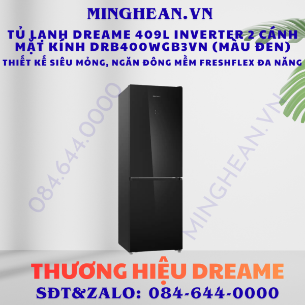 Tủ lạnh Dreame 409L inverter 2 cánh mặt kính DRB400WGB3VN (màu đen) – Thiết kế siêu mỏng, ngăn đông mềm Freshflex đa năng