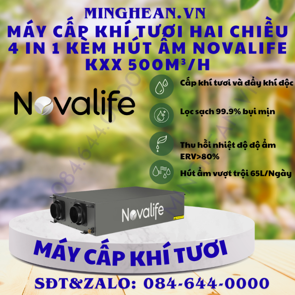 Máy cấp khí tươi hai chiều 4 in 1 kèm hút ẩm Novalife KXX 500m³/h