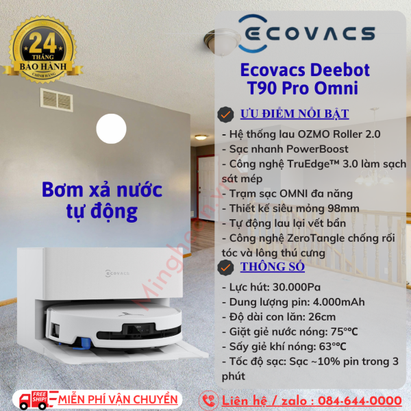 Robot hút bụi lau nhà Ecovacs Deebot T90 Pro Omni – Bơm xả nước tự động