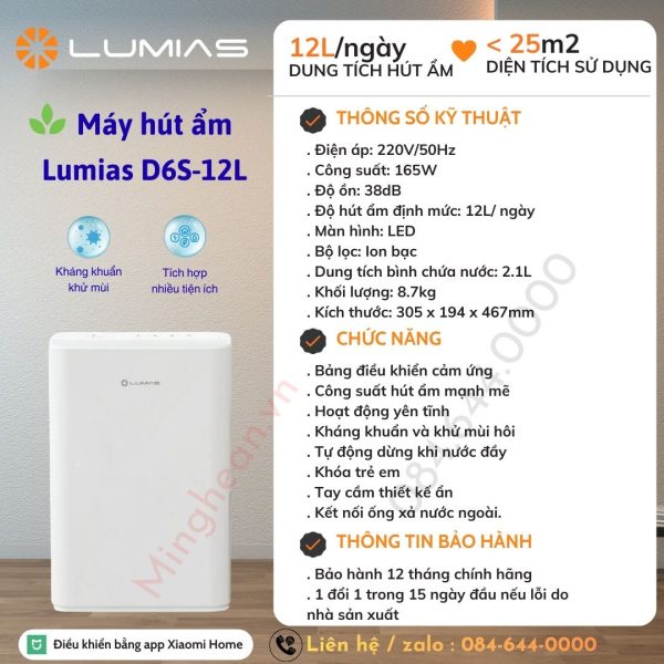 Máy hút ẩm thông minh 12L Lumias D6S-12L- Bảo hành chính hãng 18 tháng