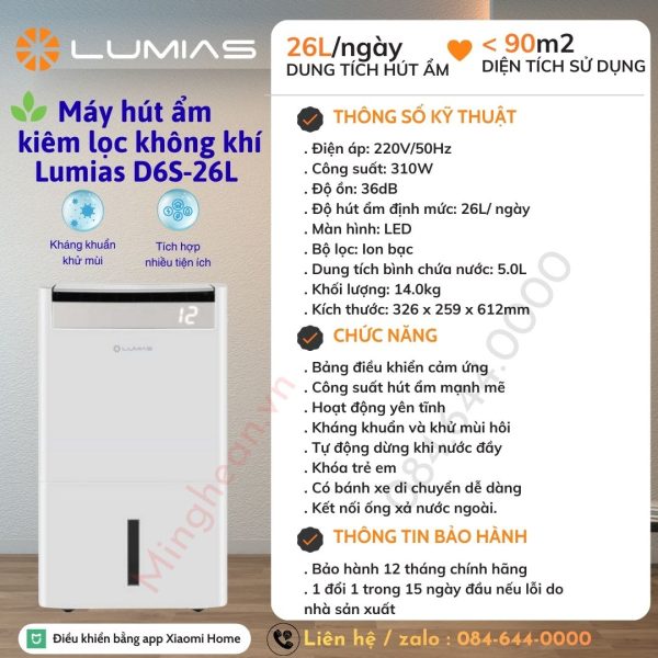 Máy hút ẩm thông minh kiêm lọc không khí 26L Lumias D6S-26L - Bảo hành chính hãng 18 tháng